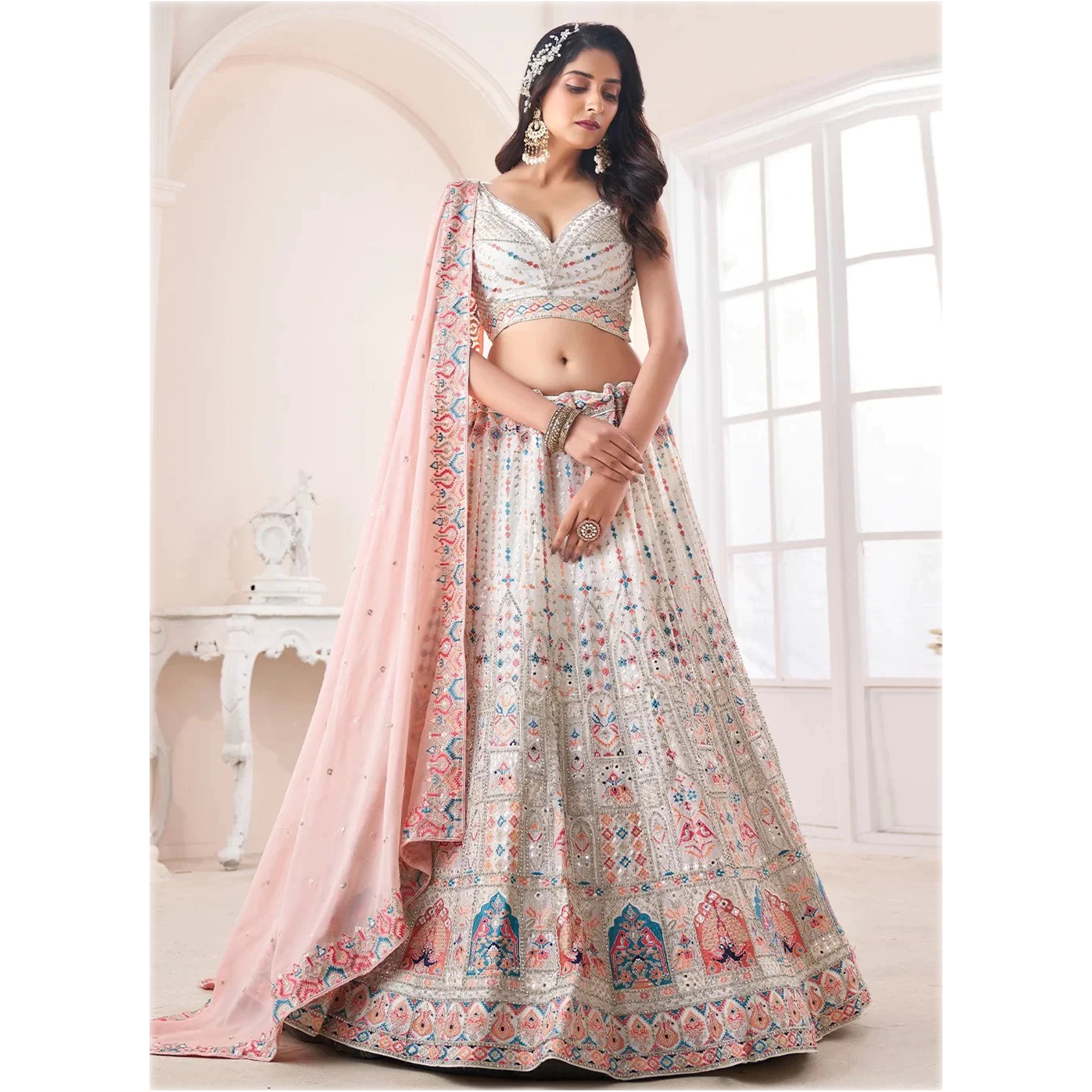 Off White Color Ready To Wear Georgette Fabric Indian Wedding Heavy Lehenga Choli