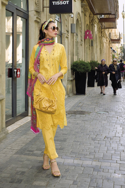 Newest USA Style Yellow Color Salwar Kameez With Dupatta For Wedding-Recption