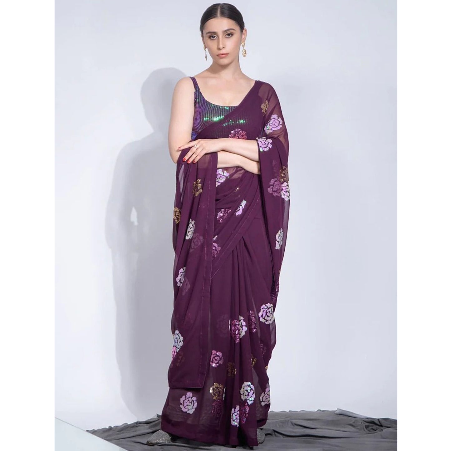 Amazing Purple Sequins Gorgette Fabric Reception Wear Saree With Fancy Blouse