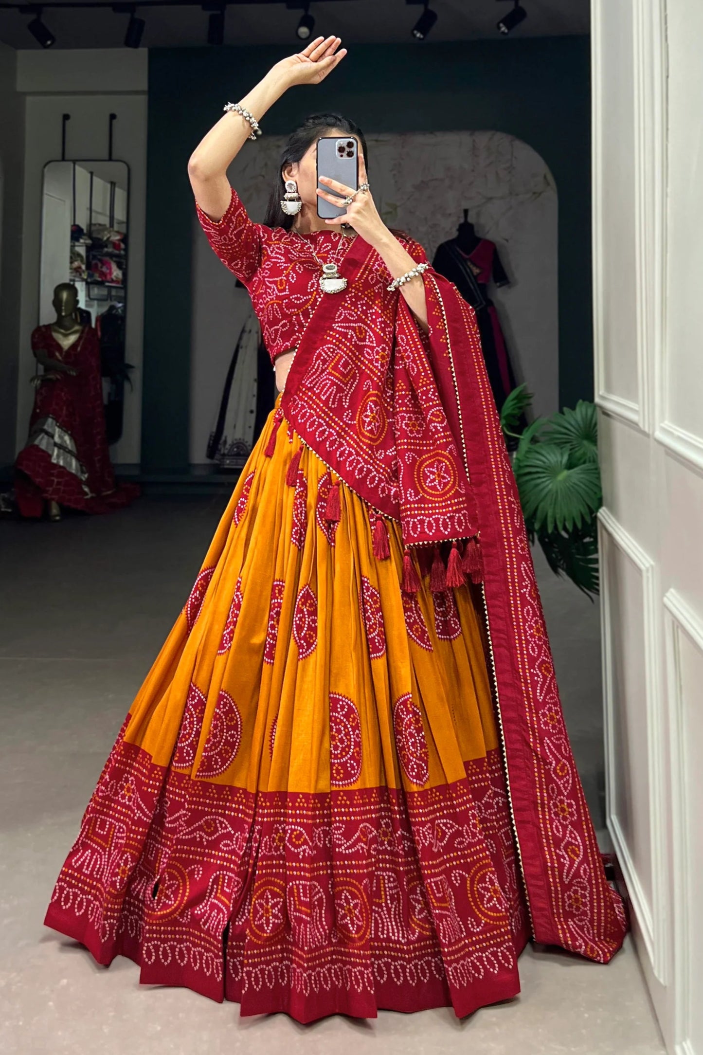 Attractive Ready To Wear Lehenga Choli Of Tussar Silk With Bandhani Print Work And Work Of Digital Print With Dupatta