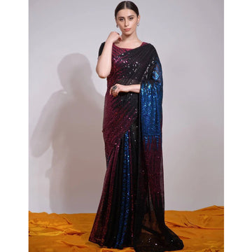 Designer Black Sequins Work Goregette Fabric Wedding Event Wear Saree
