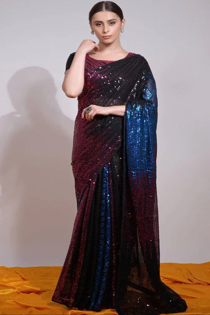 Designer Black Sequins Work Goregette Fabric Wedding Event Wear Saree