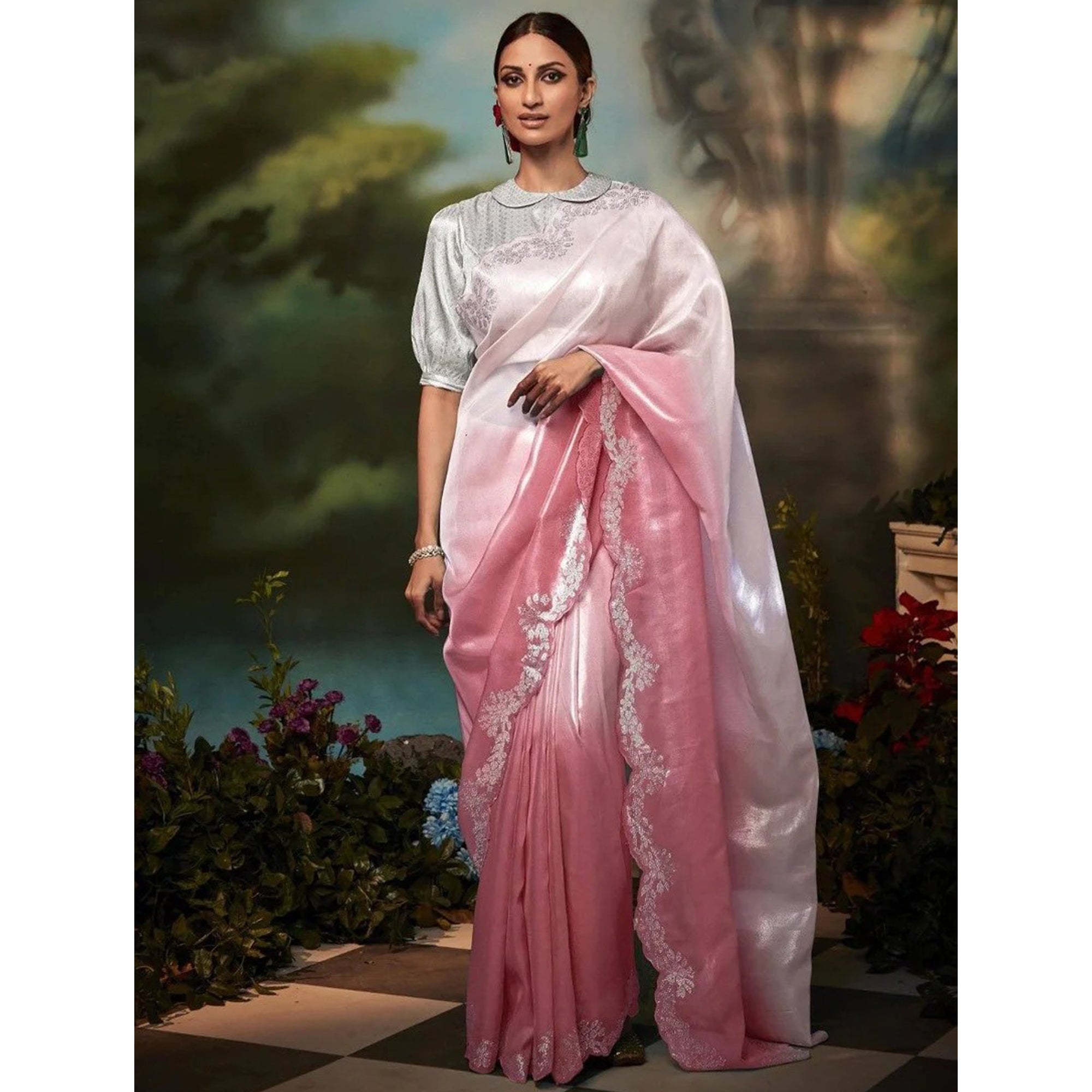 Indian Designer Pink Color Silk Material Saree With Grey Woven Blouse