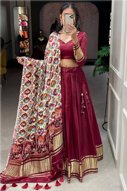 Beautiful Marron Color Designer Nikah Wear Lehenga Choli With Bandhani Dupatta