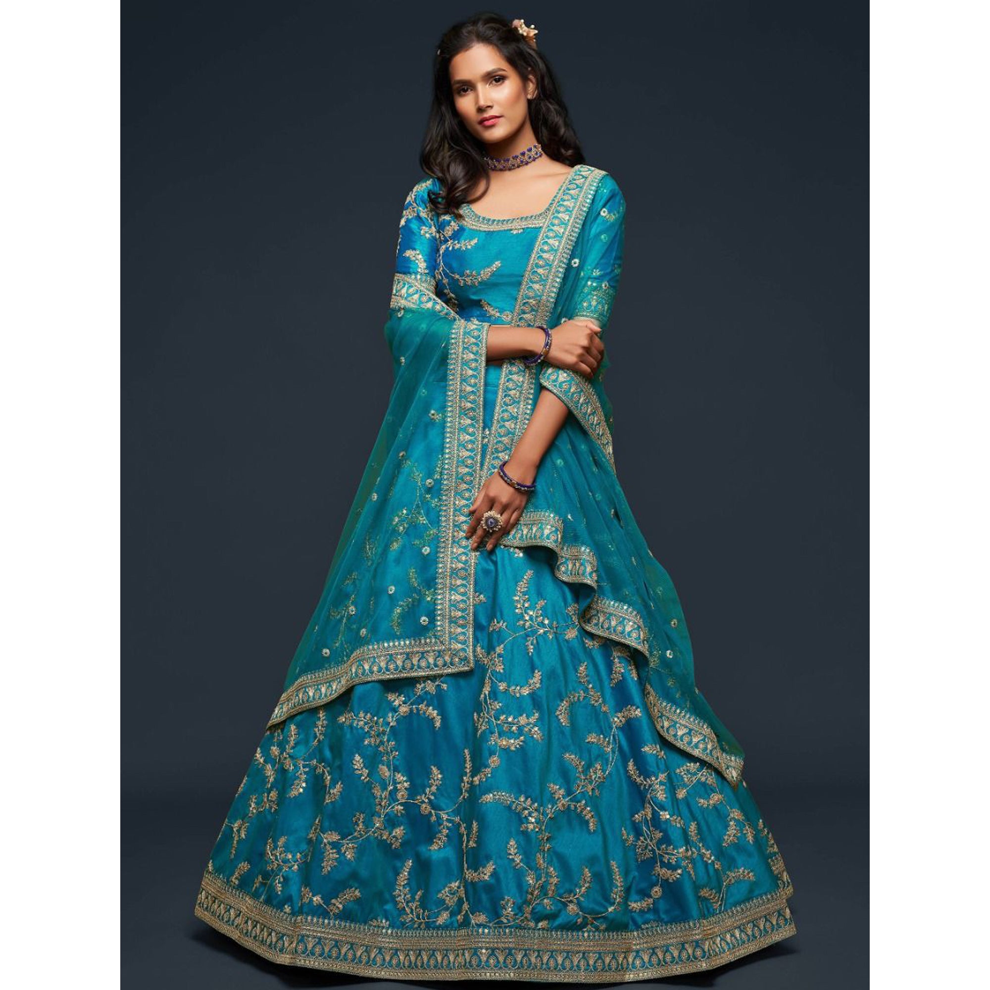 Awesome Navy Blue Color Designer Ready To Wear Lehenga Choli Art Silk Embroidery Work With Net Dupatta