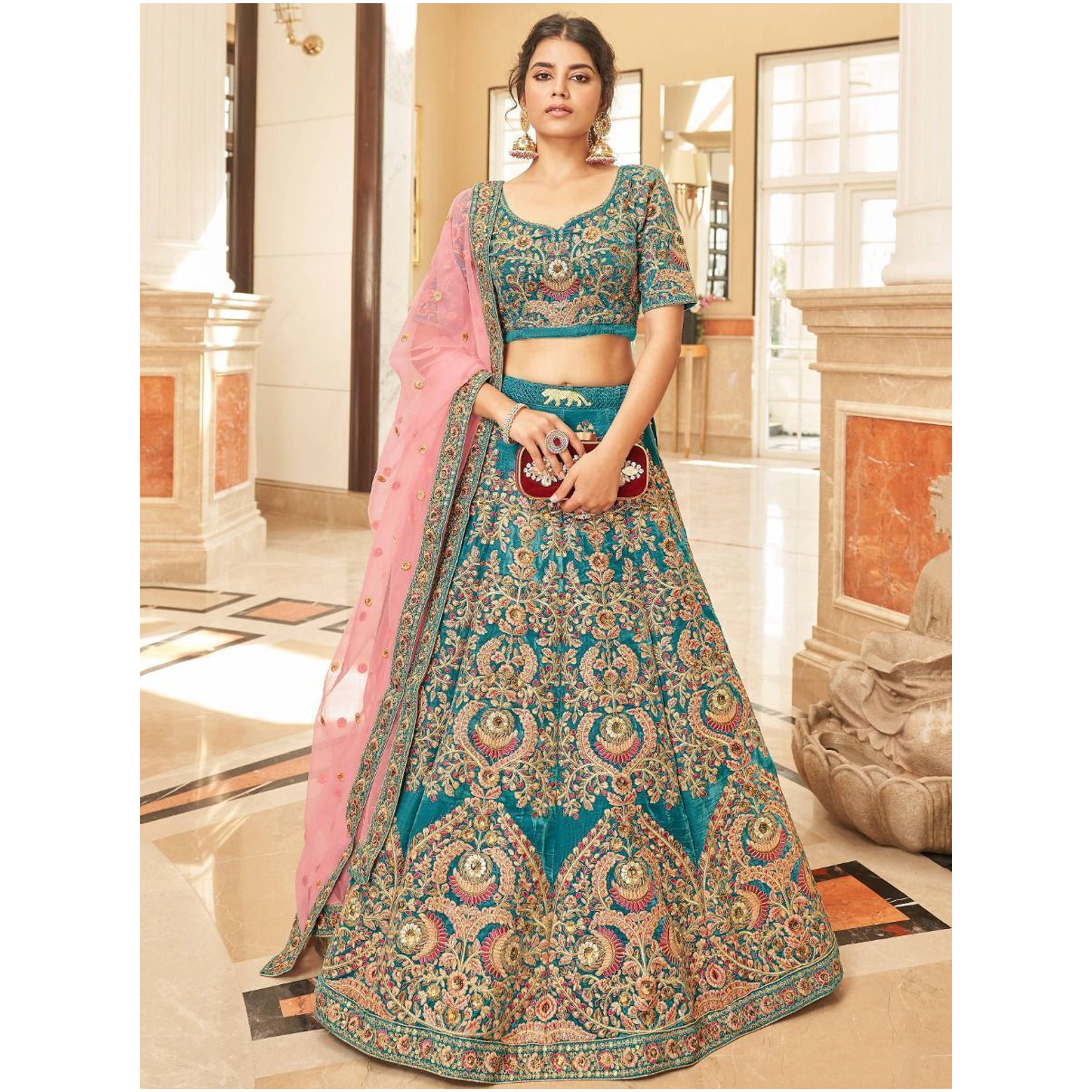 Georgeous Blue Color Embroidery Work Velvet Fabric Bridal Outfit Lehenga Choli With Pink Net Dupatta