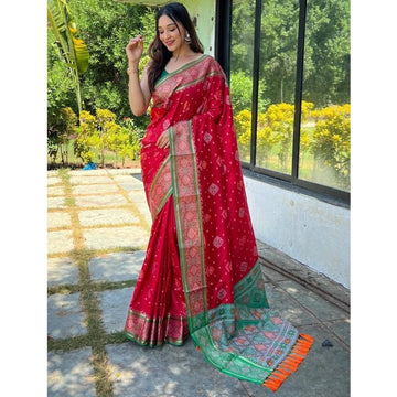 Stunning Red Color Patola Weaving Work Silk Festival Wear Saree With Blouse