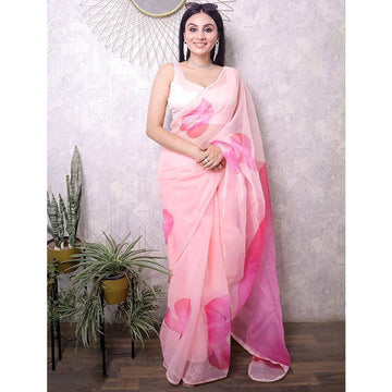Beautiful Peach Color Floral Printed Reception Wear Saree With Fancy Blouse
