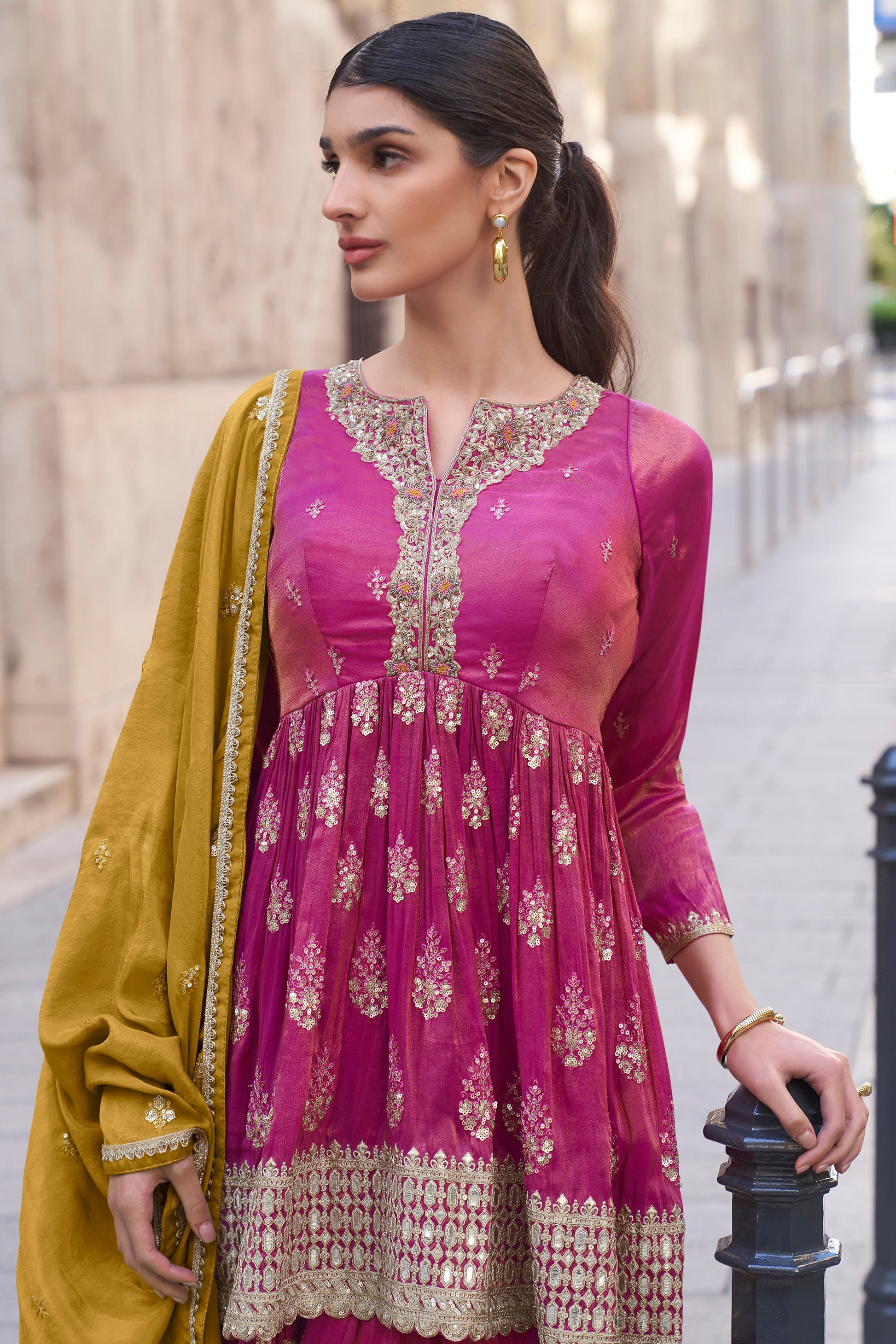 Beautiful Pink Color Readymade Wedding Function Wear Salwar Kameez Sharara Suits