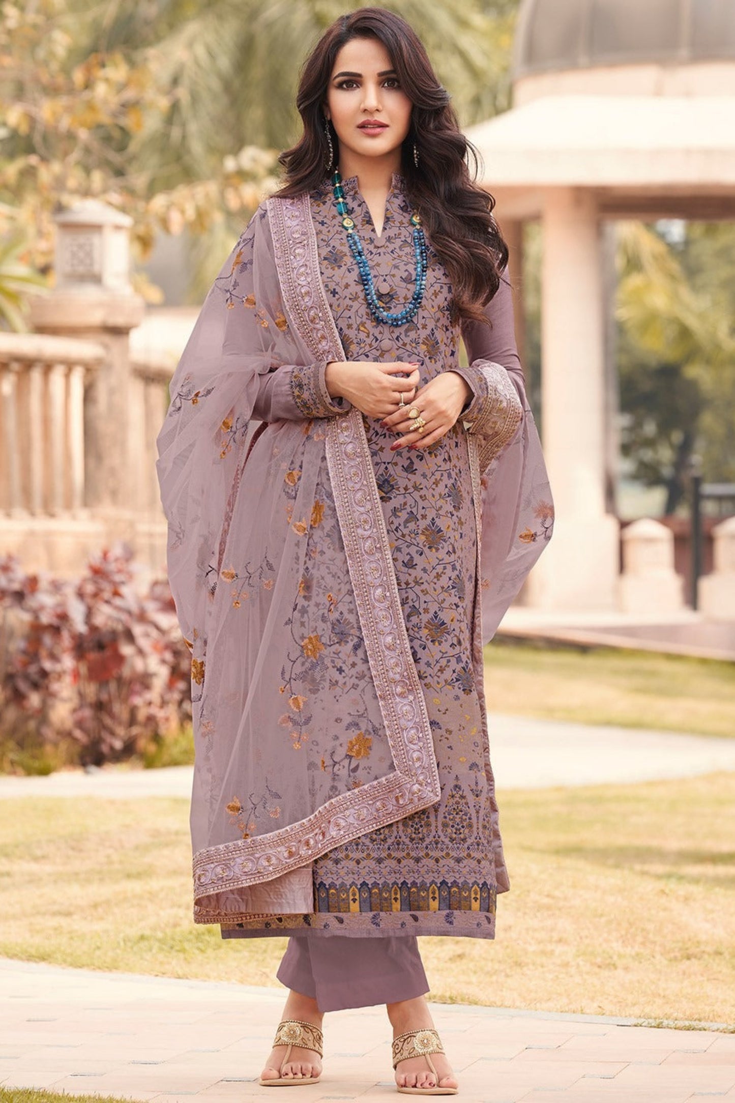 Premium Embroidered Shalwar Kameez Pant Suit with Pure Viscose Jacquard Top & Habutai Silk Dupatta