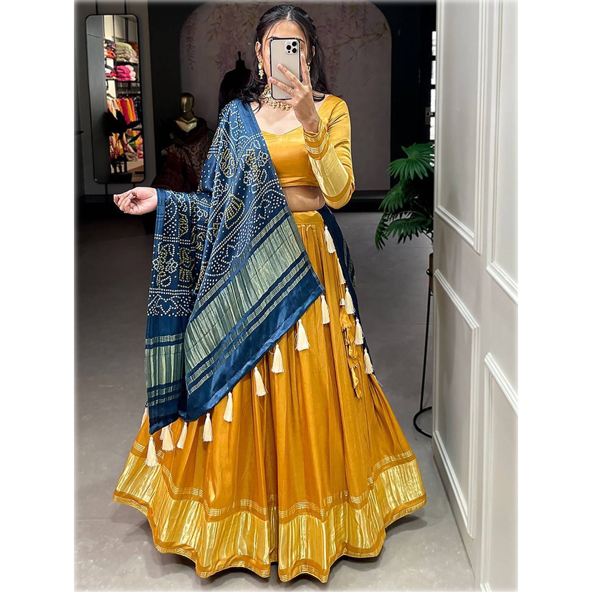 Readymade Yellow Color Gaji Silk Fabric Reception Wera Lehenga Choli With Bandhani Dupatta