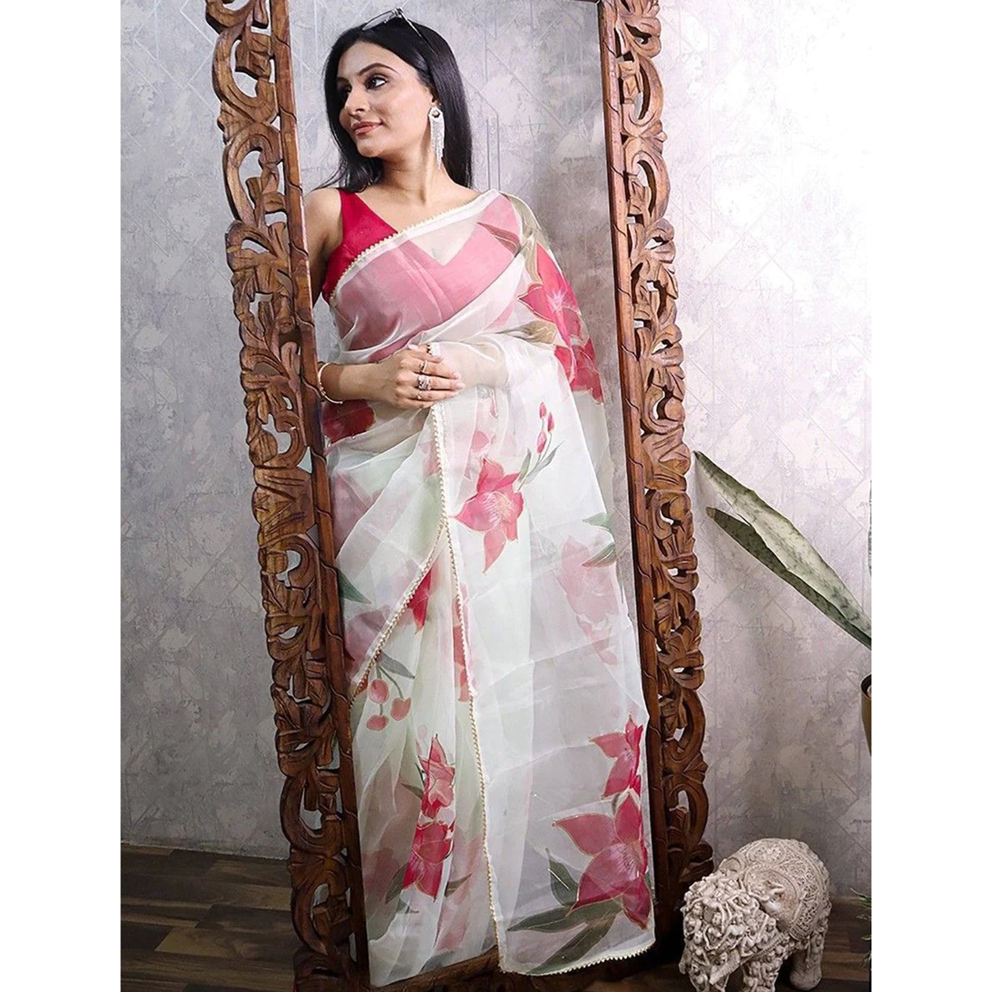 Indian Style Off-White Color Floral Printed Wedding Event Wear Saree