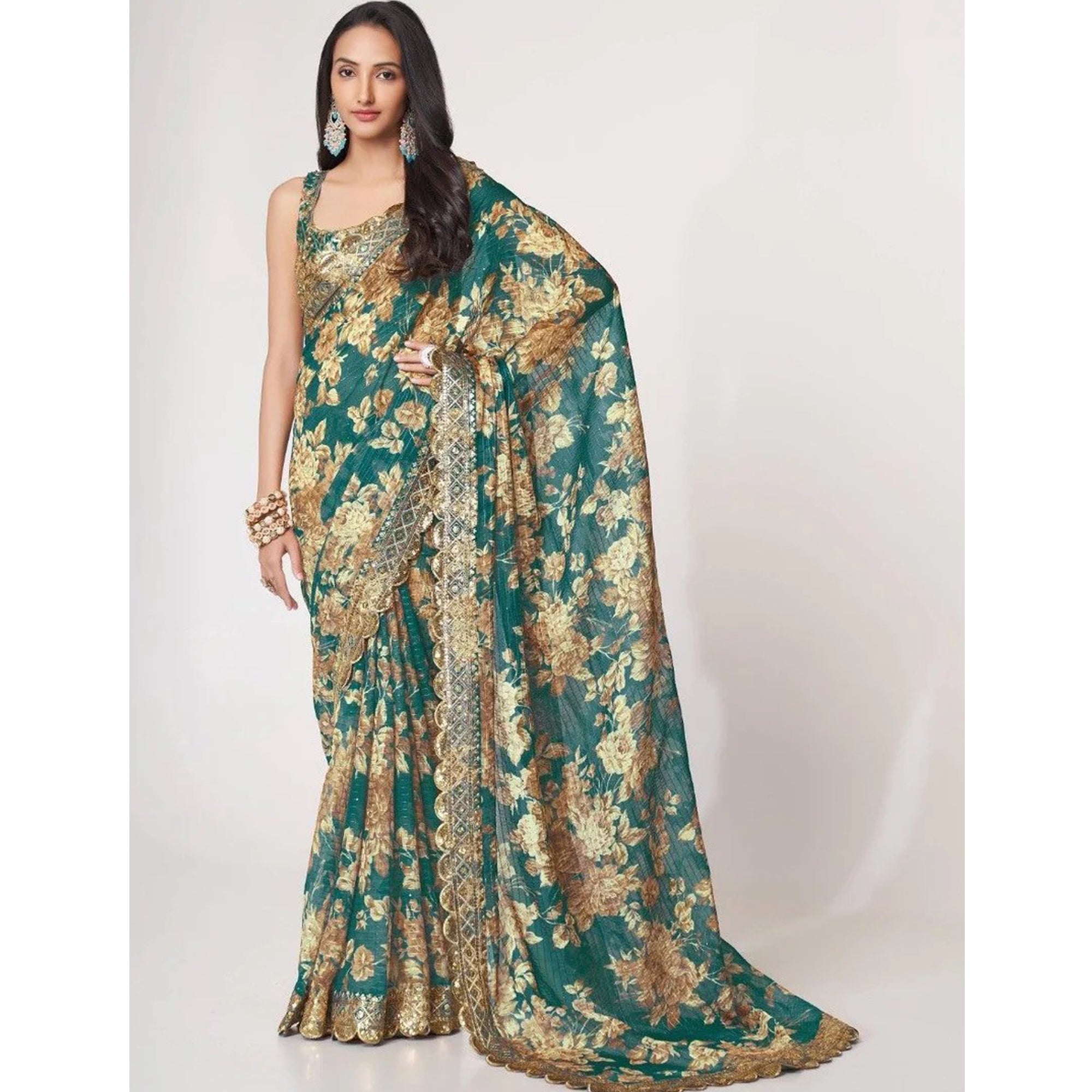 Indian Pakistani Style Teal Blue Color Embroidery & Sequins Work Party Wear Saree