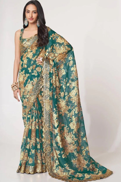 Indian Pakistani Style Teal Blue Color Embroidery & Sequins Work Party Wear Saree