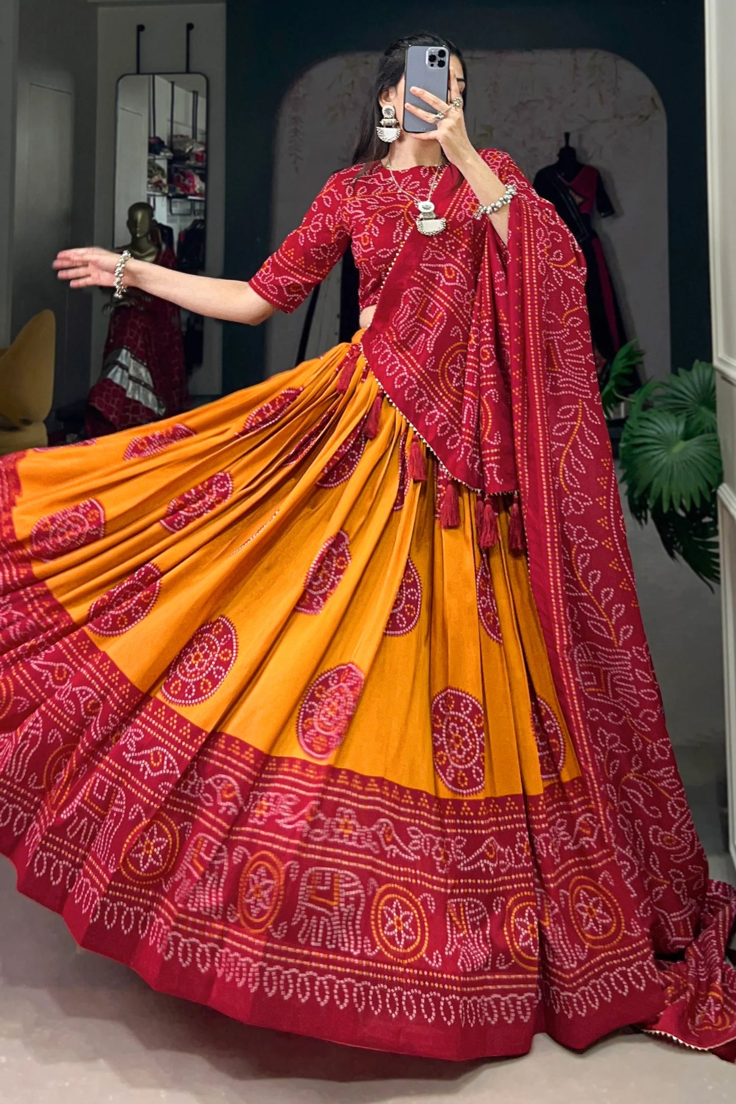 Attractive Ready To Wear Lehenga Choli Of Tussar Silk With Bandhani Print Work And Work Of Digital Print With Dupatta