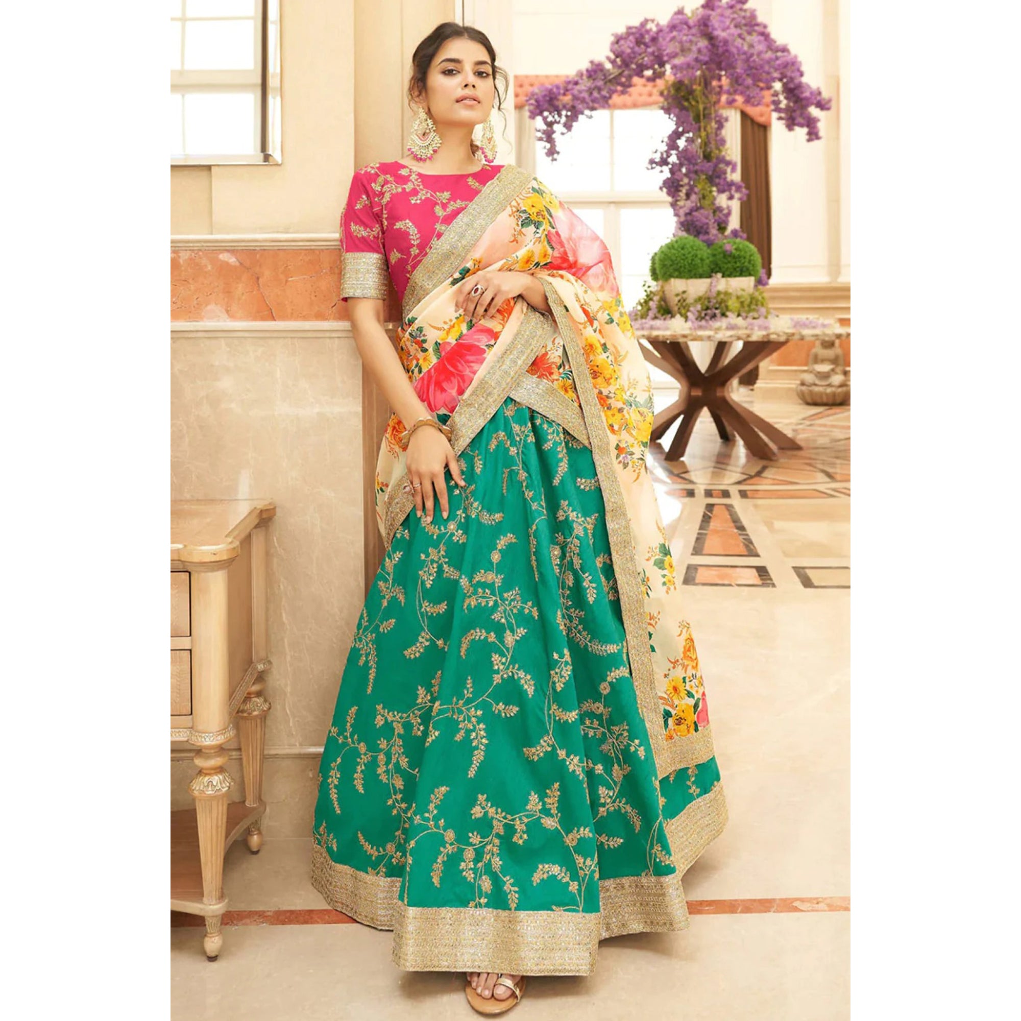 Teal Green Color Readymade Art Silk Fabric Occasion Wear Lehenga Choli