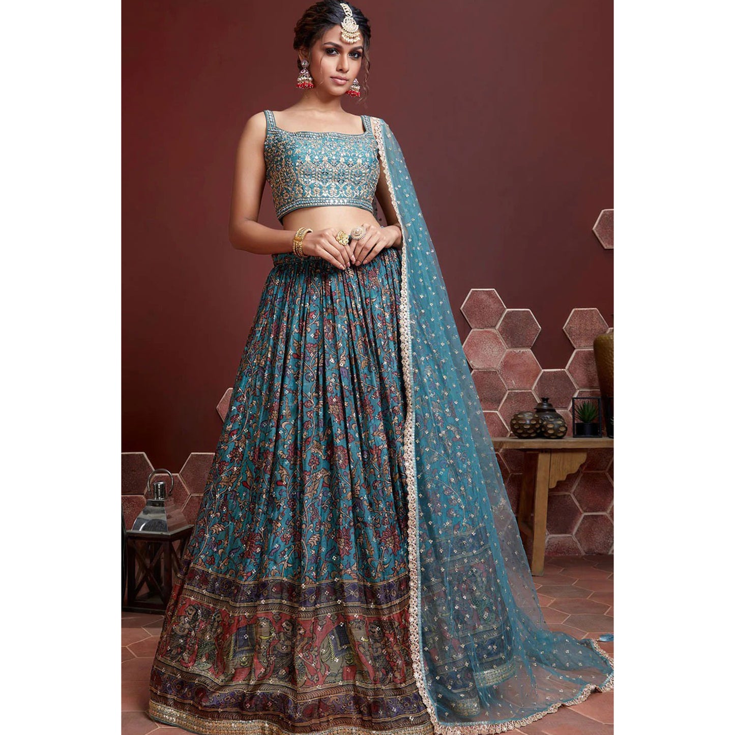 Attrective Sky Blue Color Designer Art Silk Fabric Sangeet Function Wear lehenga Choli