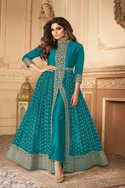 Turquoise Blue Color Eid Ramadan Festival Wear Stylish Anarkali Gown