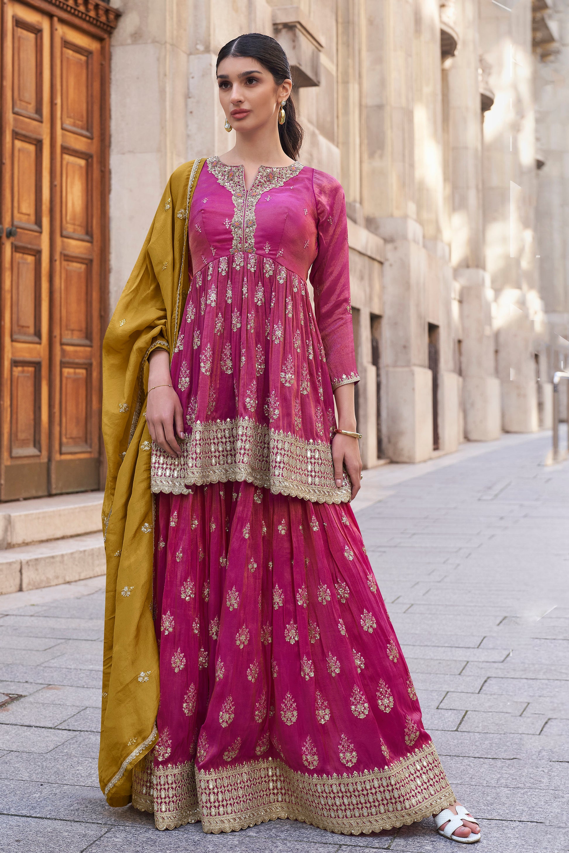 Beautiful Pink Color Readymade Wedding Function Wear Salwar Kameez Sharara Suits