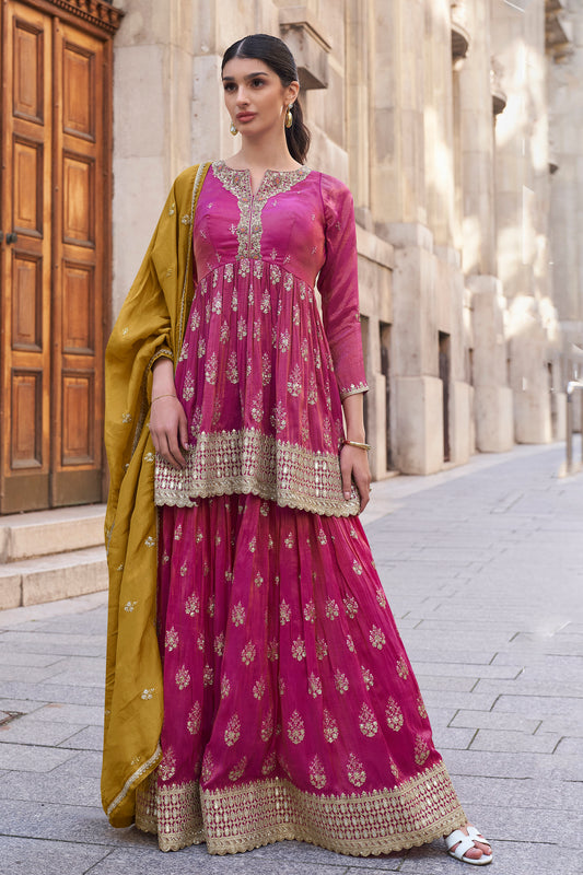 Beautiful Pink Color Readymade Wedding Function Wear Salwar Kameez Sharara Suits