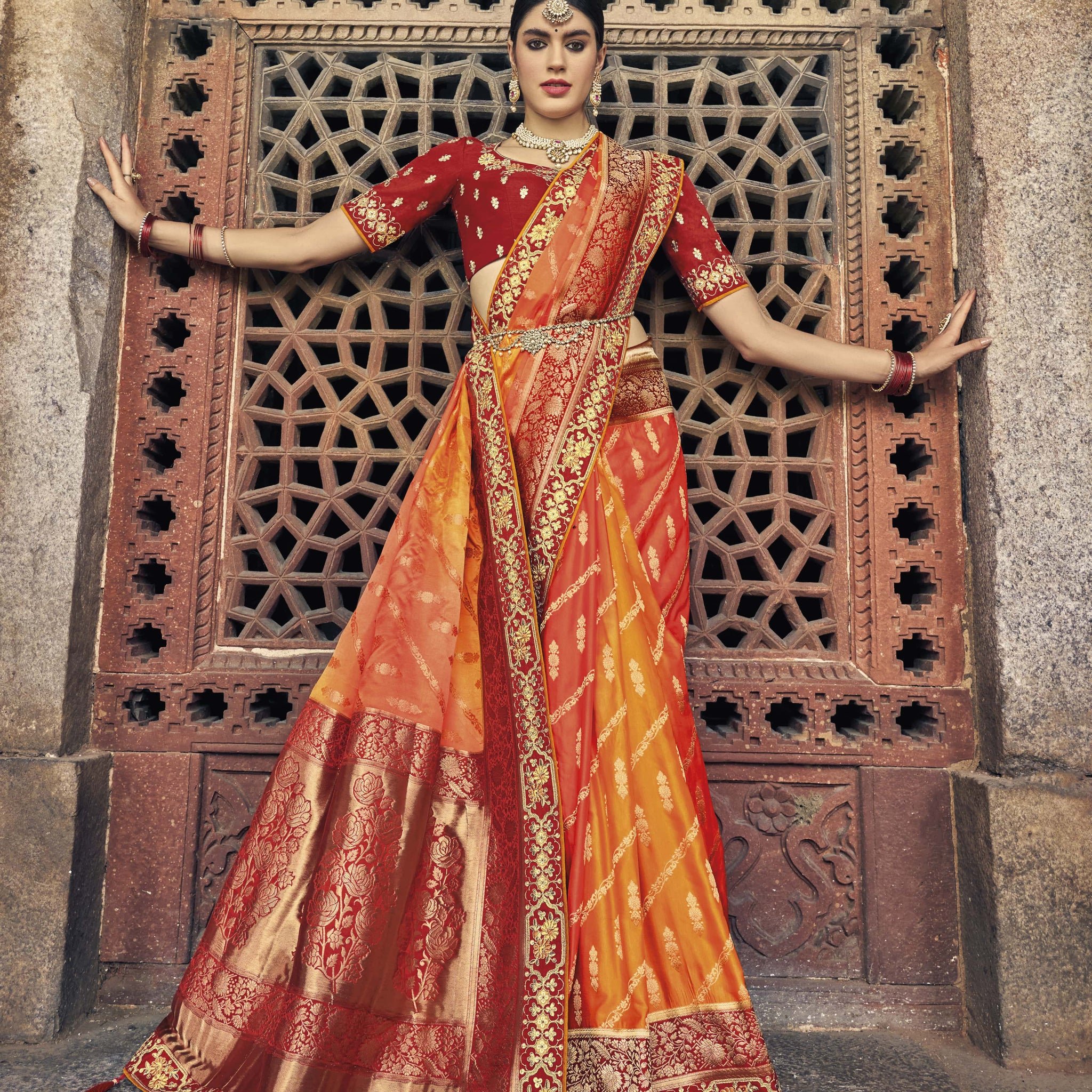 Beautiful Orange Color Designer Satin Fabric Embroidery Work Wedding Wear Saree