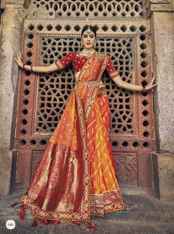 Beautiful Orange Color Designer Satin Fabric Embroidery Work Wedding Wear Saree