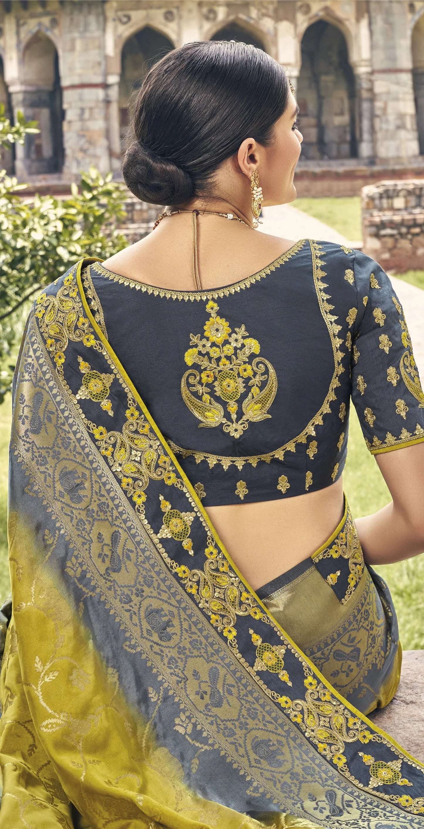 Exclusive Grey Color Embroidery Work Satin Saree With Stylish Blouse