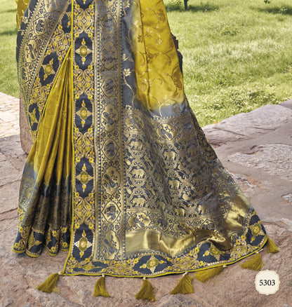 Exclusive Grey Color Embroidery Work Satin Saree With Stylish Blouse