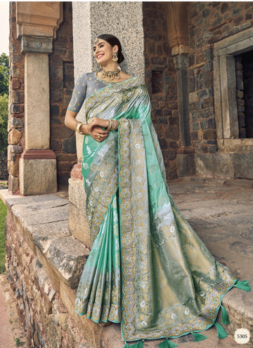 Attractive Sea Green Color Satin Wedding Function Wear Saree With Stitched Blouse