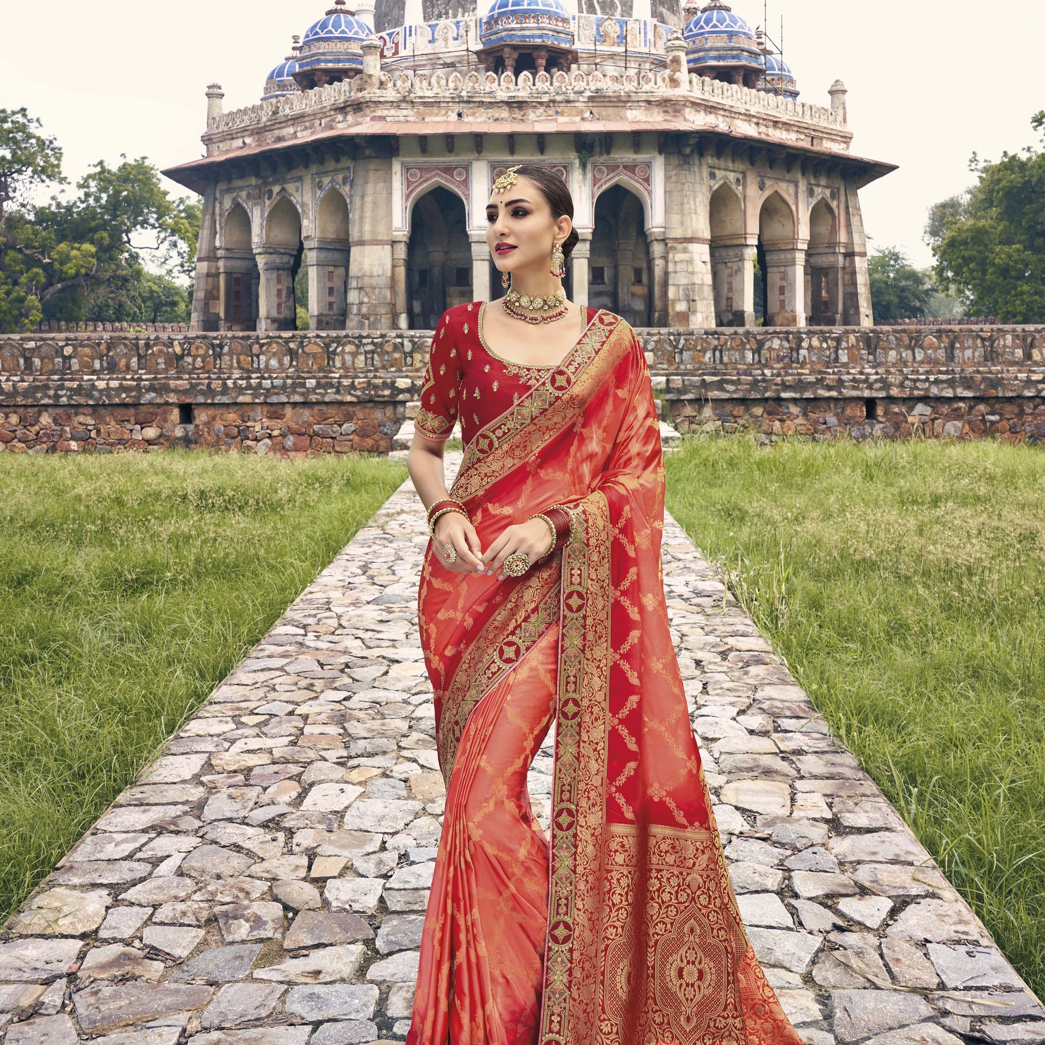 Stunning Red Color Embroidery Work Satin Festival Wear Saree With Blouse