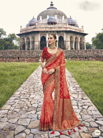 Stunning Red Color Embroidery Work Satin Festival Wear Saree With Blouse