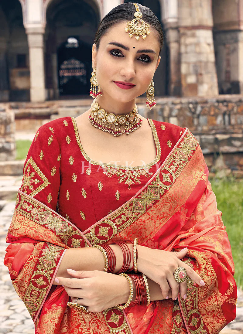 Stunning Red Color Embroidery Work Satin Festival Wear Saree With Blouse