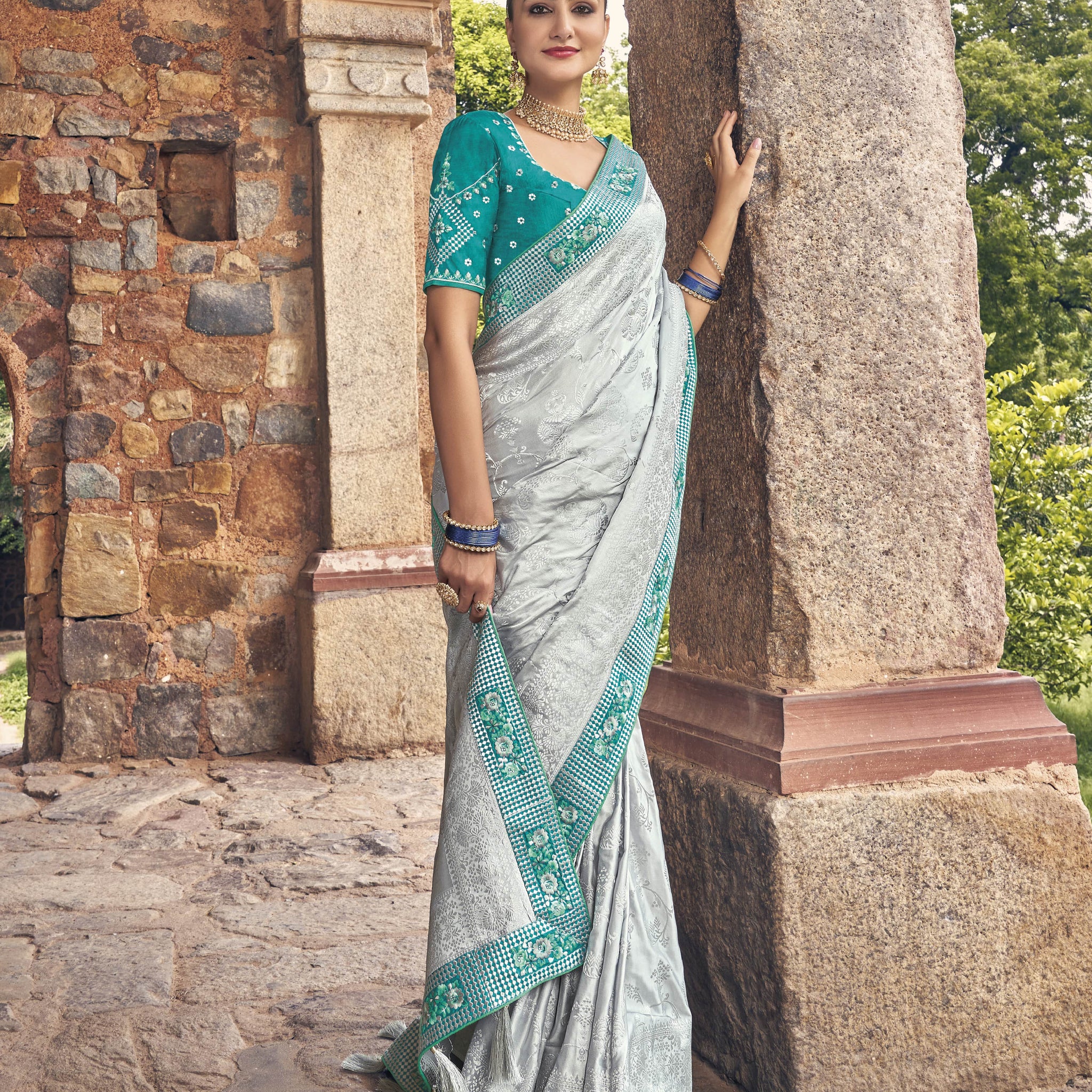 Gorgeous Designer Grey Firozi Color Satin Fabric Event Wear Saree