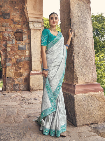 Gorgeous Designer Grey Firozi Color Satin Fabric Event Wear Saree