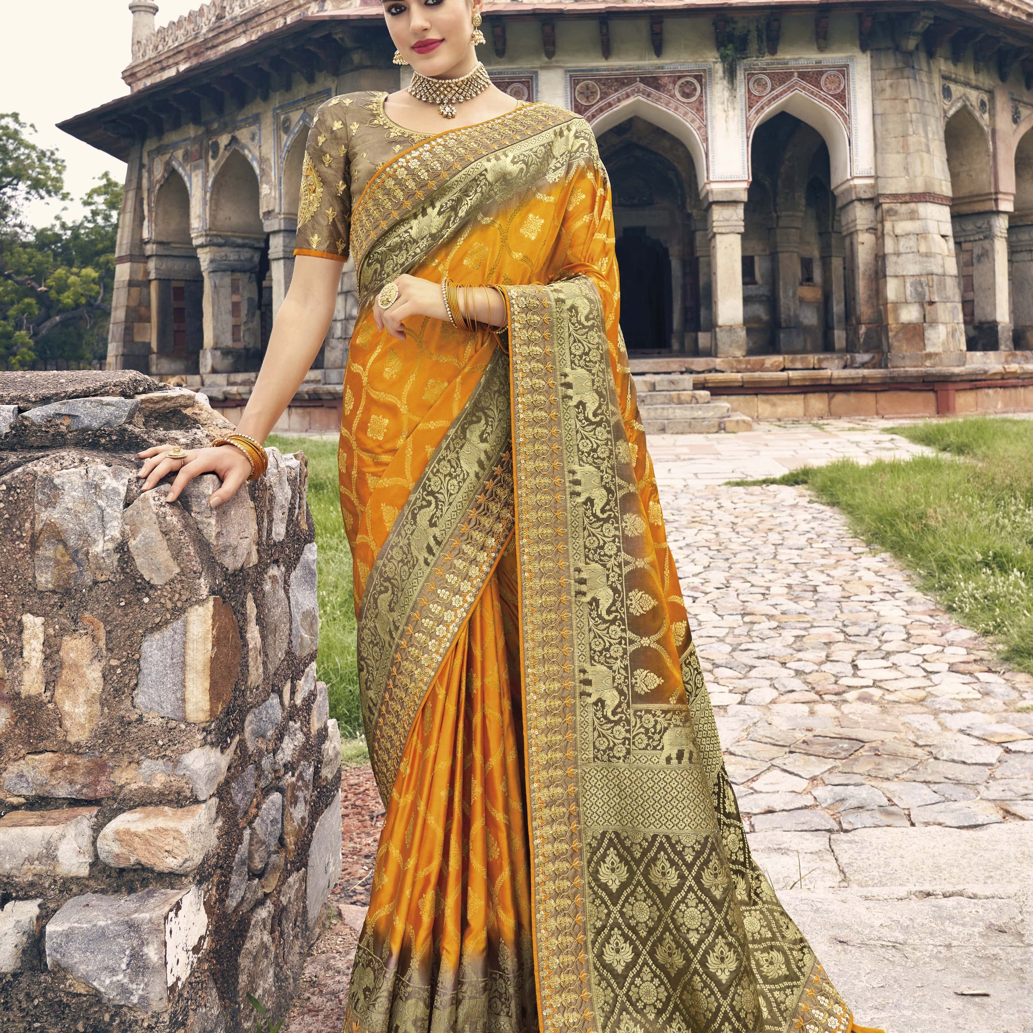 Indian Pakistani Designer Grey Color Embroidery Work Satin Wedding Wear Saree