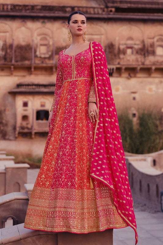 Pink Color Heavy Worked Indian Pakistani Wedding Wear Long Flared Anarkali Gown