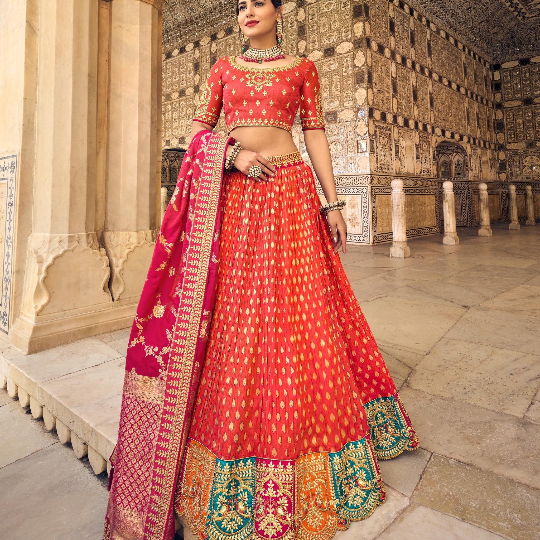 Georgeous Designer Orange Color Banarasi Silk Fabric Engagement Wear Lehenga Choli With Dola Silk Dupatta