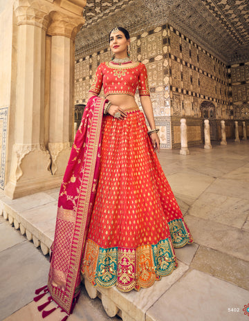 Georgeous Designer Orange Color Banarasi Silk Fabric Engagement Wear Lehenga Choli With Dola Silk Dupatta