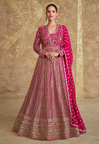 Pink Color Full Embroidery Worked India Wedding Women's Long Flared Anarkali Gown