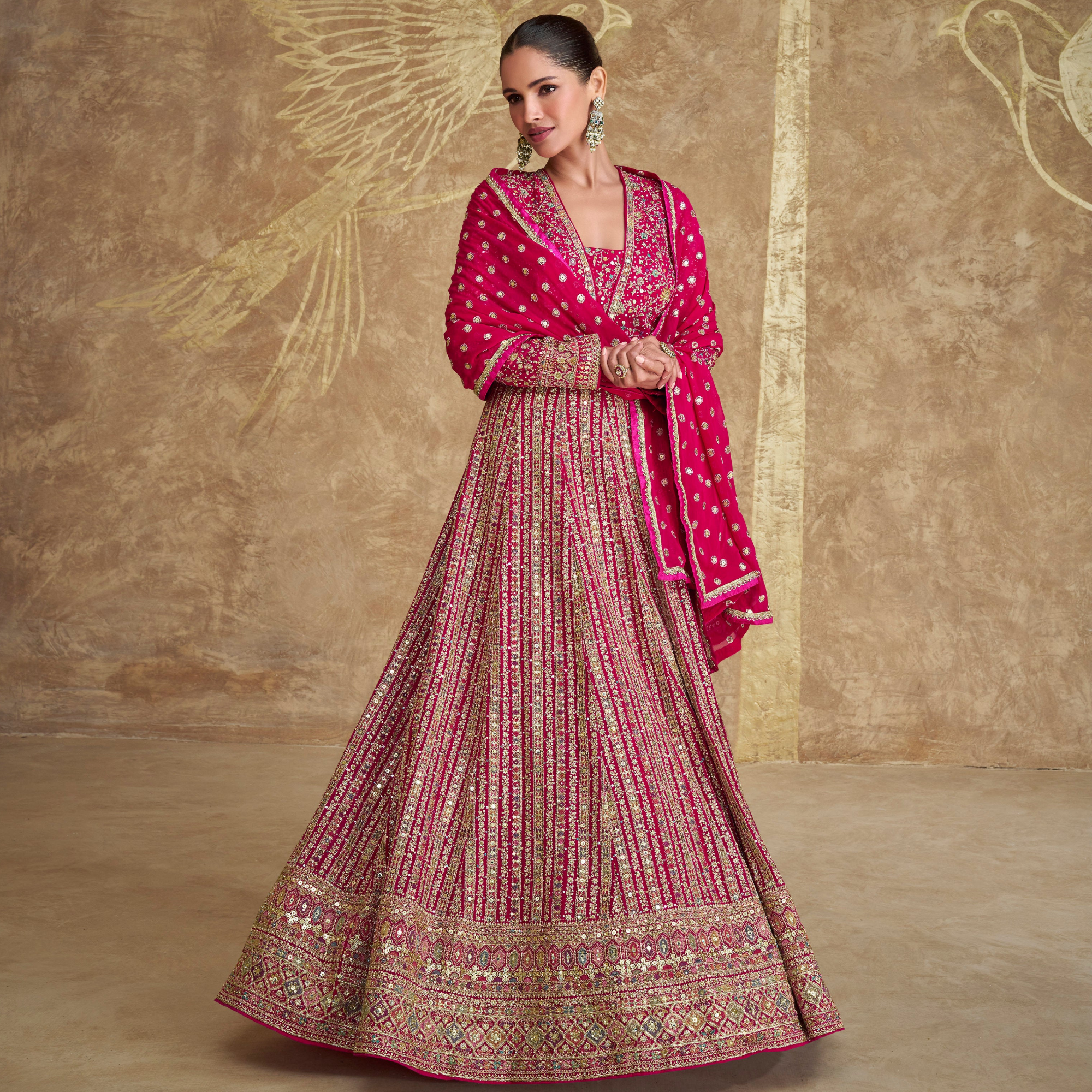 Pink Color Full Embroidery Worked India Wedding Women's Long Flared Anarkali Gown