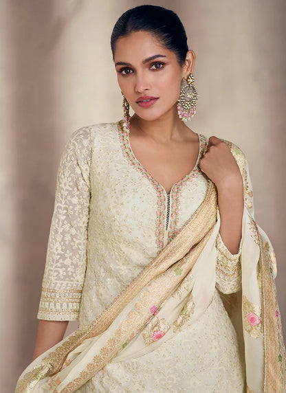 Exclusive Designer Heavy Embroidery Work White Salwar Kameez Sharara Plazzo Suit