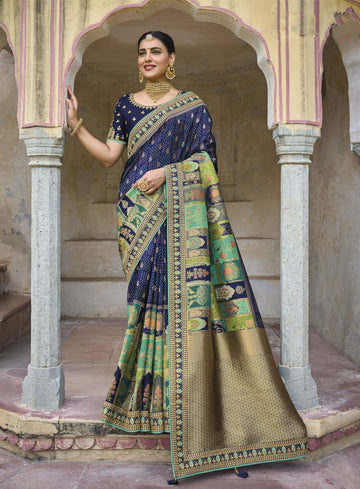 Pretty Blue Color Silk Fabric Embroidery Work Party Wear Saree