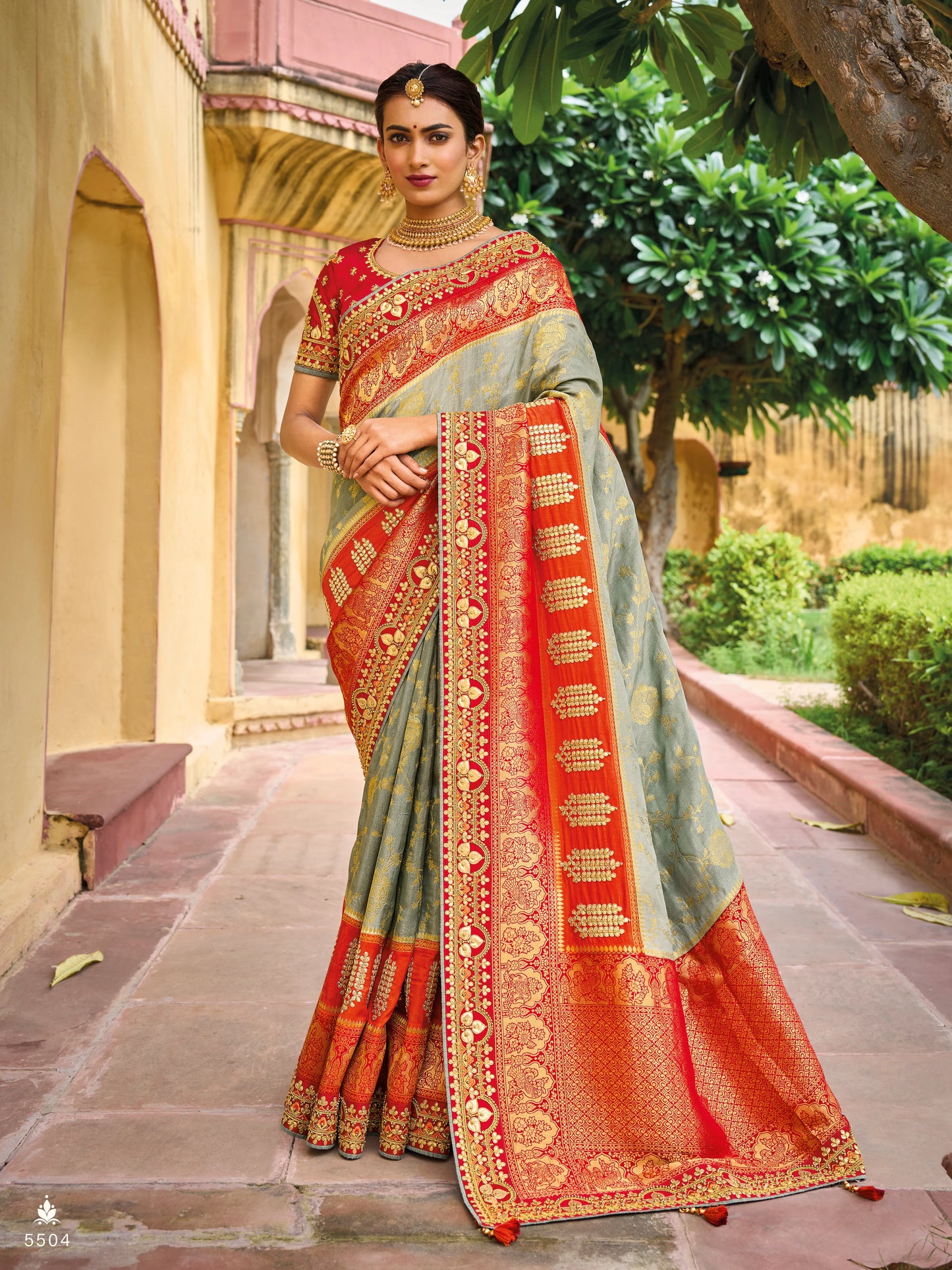 Gorgeous Grey Orange Color Pure Dola Viscose Trendy Style Engagement Wear Saree