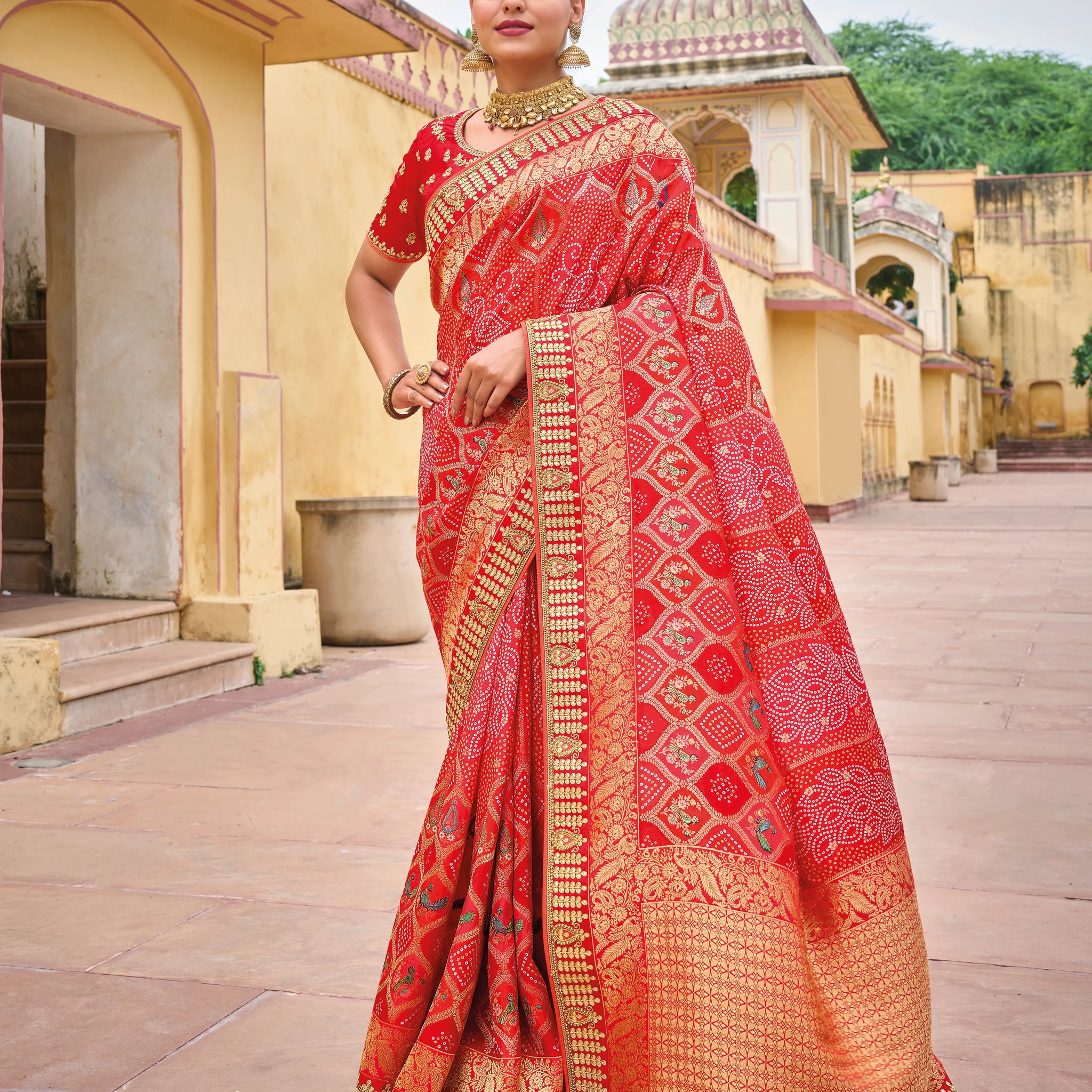 Attractive Red Color Pure Dola Viscose Fabric Festival Wear Saree