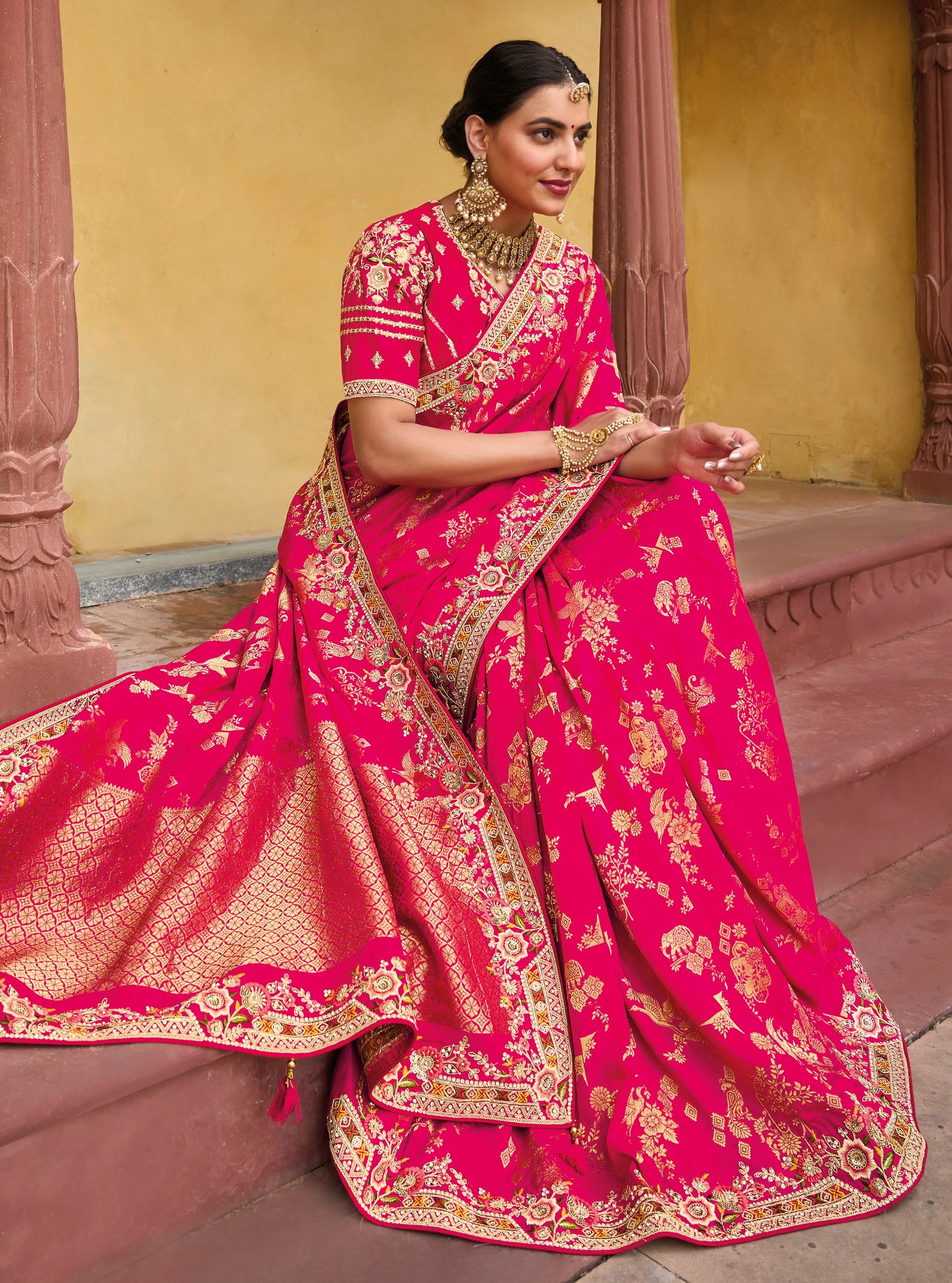 New Gorgeous Pink Rani Color Woven Pure Dola Viscose Tarditional Wear Saree with Blouse