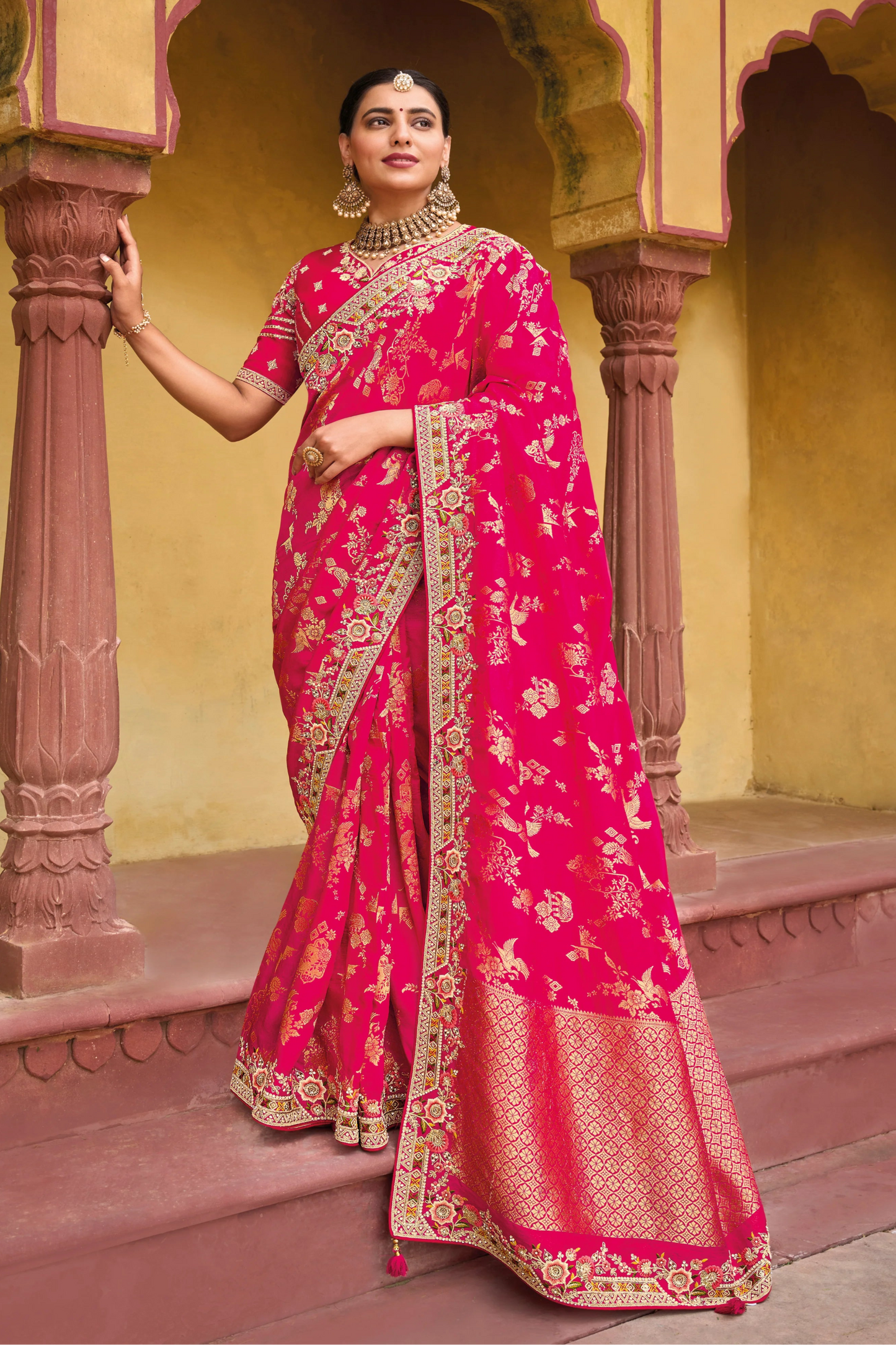 New Gorgeous Pink Rani Color Woven Pure Dola Viscose Tarditional Wear Saree with Blouse