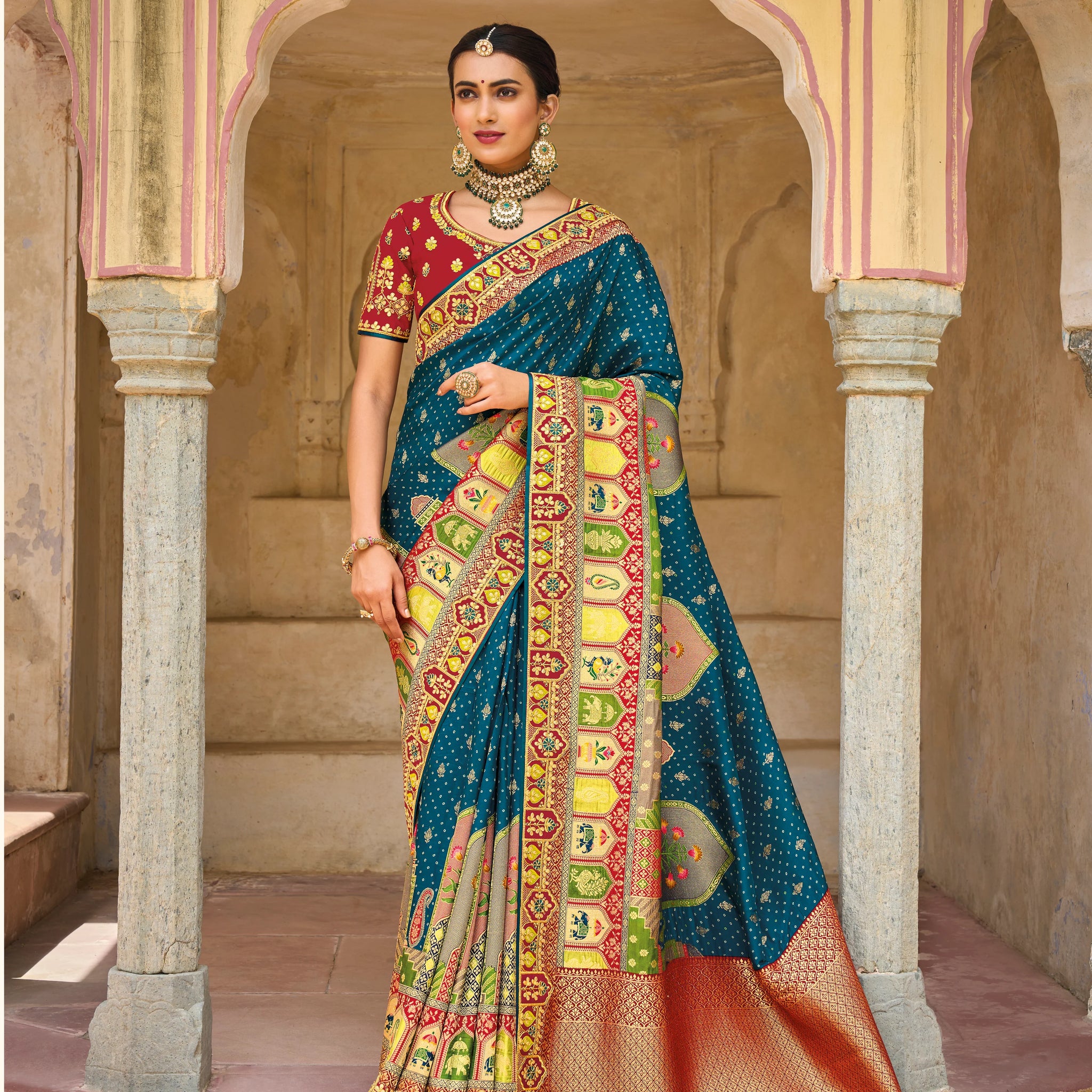 Morpich Color Indian Wedding Reception Party Wear Ready made Saree With Blouse