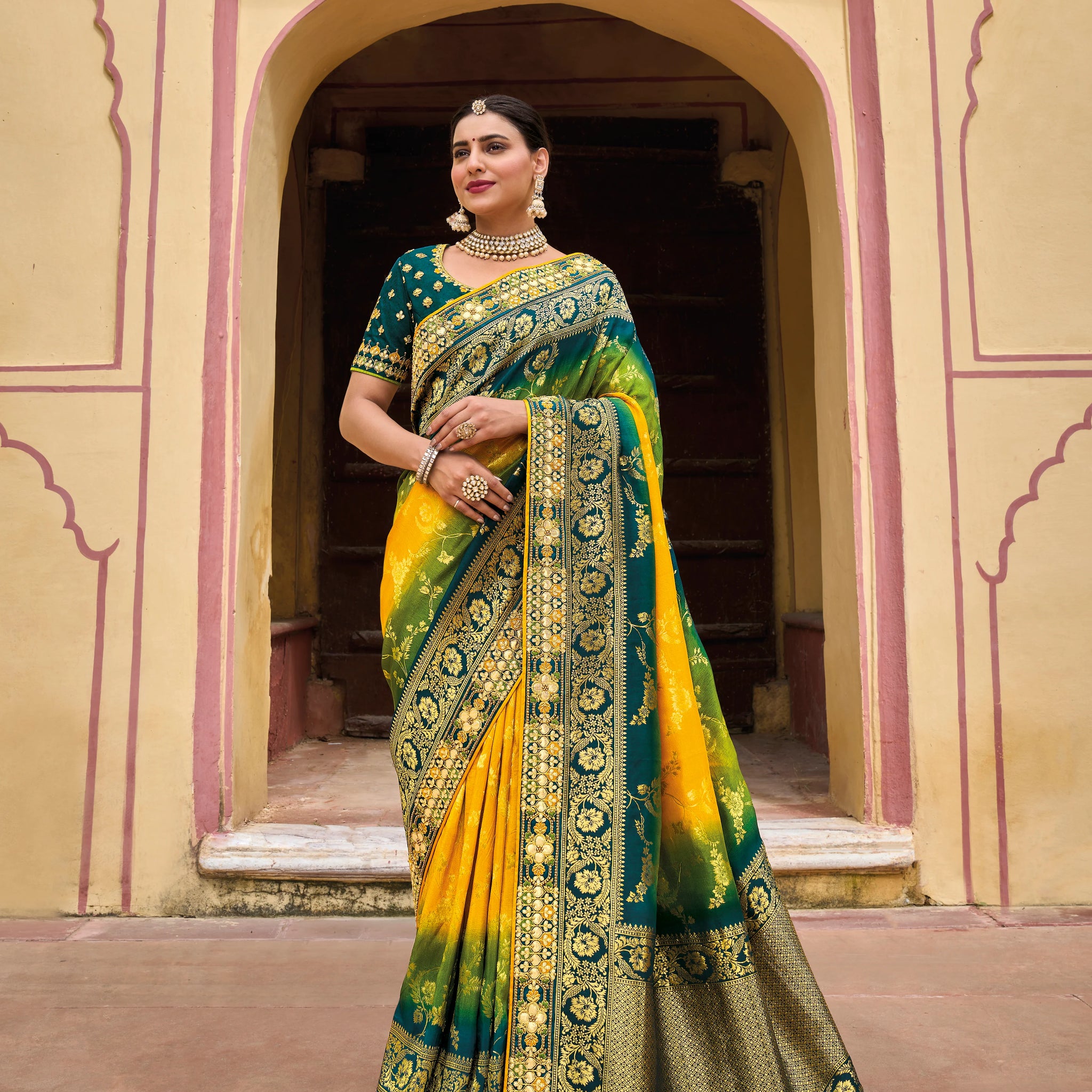 Ready To Wear Yellow Green  Color Designer Indian Wedding Saree