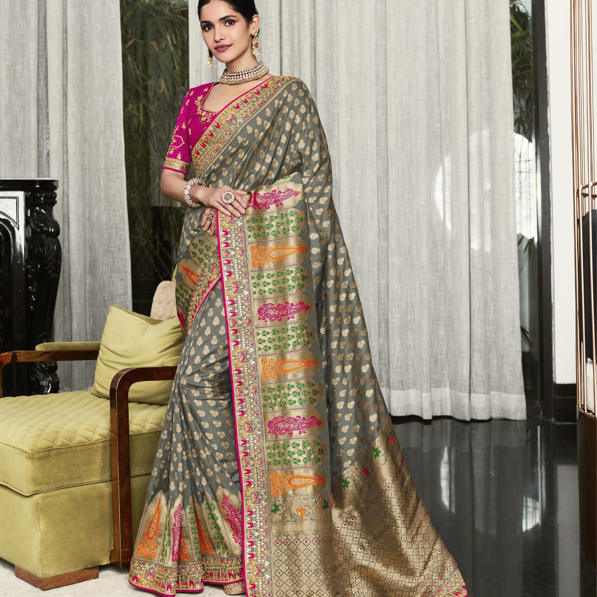 Grey Color Ready To Wear Saree Reception Wear Suits