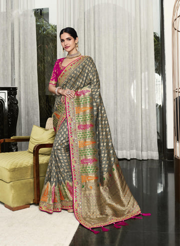 Grey Color Ready To Wear Saree Reception Wear Suits